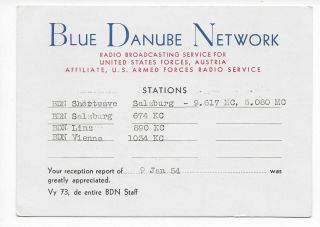 Qsl Radio Blue Danube Network 1954 United States Forces Salzburg Austria Wwii Dx