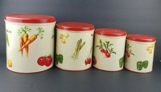 Vintage Tin Litho Decoware Canisters - Set Of 4 - Vegetable Themed With Red Lids