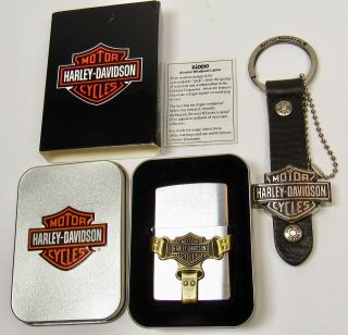 Zippo Harley Davidson Brass Bootstrap Cigarette Lighter Never Fired & Keychain