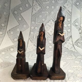 3 Vintage Hand Carved Wooden Figurines Monks Praying Religious Statues Mexico