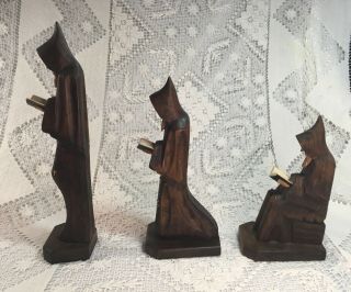 3 Vintage Hand Carved Wooden Figurines MONKS PRAYING Religious Statues Mexico 2