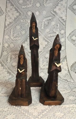 3 Vintage Hand Carved Wooden Figurines MONKS PRAYING Religious Statues Mexico 3