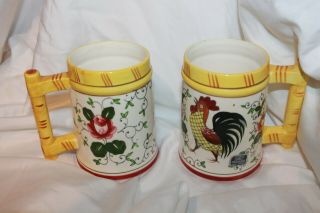 Ucagco Chicken Rooster & Roses Mugs 2 Mid Century Vintage W/ Stickers
