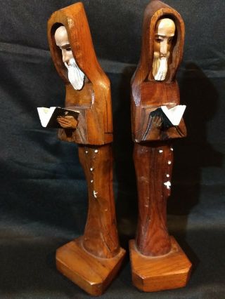 2 Vintage Carved Wood Figures Bookends Figurines Mexico Priest Friar Jesuit Monk