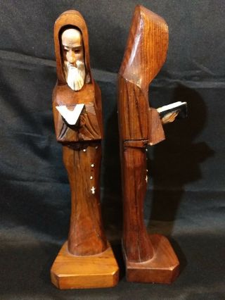 2 Vintage Carved Wood Figures Bookends Figurines Mexico Priest Friar Jesuit Monk 5