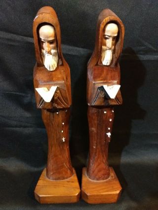 2 Vintage Carved Wood Figures Bookends Figurines Mexico Priest Friar Jesuit Monk 6