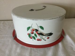 Vintage Metal Cake Carrier Saver Server White Red Cherries & Red Breasted Bird