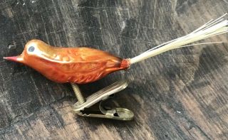 Antique Early Vtg 30s Orange Glass Bird Clip On 4 " Christmas Ornament Unmarked