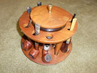 Vintage Walnut Wood 9 Pipe Holder / Rack W/ Humidor Usa