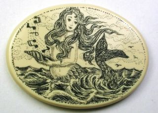 Bb Artisan Scrimshaw Button Etched & Inked Mermaid & Musical Sea Shell 1 & 5/8 "