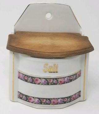 Vintage German Ceramic Salt Box With Wood Lid