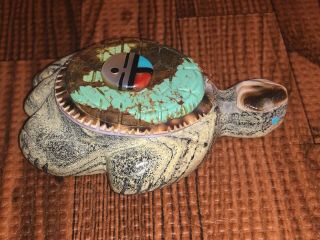 Large Zuni Carved Serpentine & Turquoise Turtle Fetish Signed By Darrin Boone