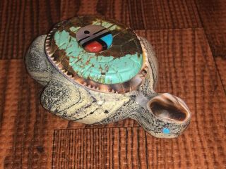Large Zuni Carved Serpentine & Turquoise Turtle Fetish Signed By Darrin Boone 2