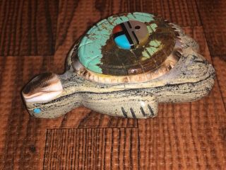 Large Zuni Carved Serpentine & Turquoise Turtle Fetish Signed By Darrin Boone 4
