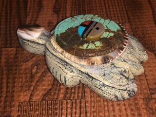 Large Zuni Carved Serpentine & Turquoise Turtle Fetish Signed By Darrin Boone 5