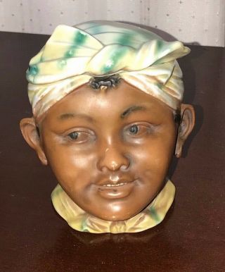 Antique Tobacco Jar Of Bisque Porcelain Figural Head With Scarf Wrap