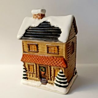 Otagiri Christmas Cottage Cabin Cookie Jar / Lidded Box Vintage Collectible