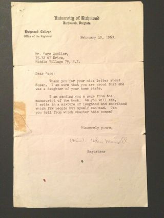 Susan B.  Anthony Biographer Helen Monsell 1960 Signed Letter