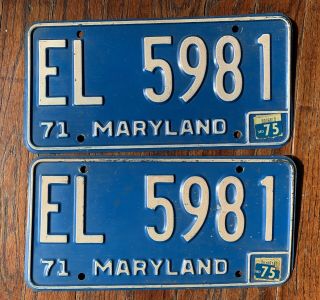 Vintage Pair 1975 1971 Maryland Md License Plates El 5981