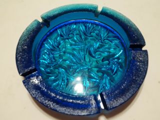 Vintage 10 " Blue Glass Ashtray Thick Heavy Glass