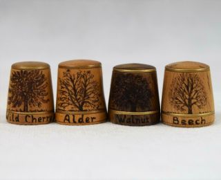 4 X Vintage Wooden Thimbles Wild Cherry Walnut Beech Alder Gold Gilt Bands