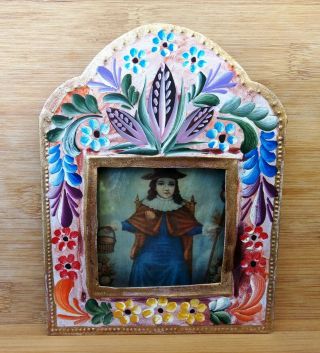 Mexican Nicho W Niño De Atocha Print Shadow Box Hand Painted Tin Frame Folk Art