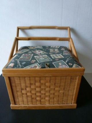 Vintage Wooden Wicker Sewing Basket With Wooden Handles & Removable Tray