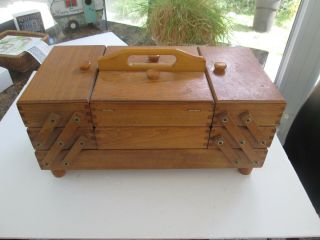 Vintage Dovetailed Wood Fold Out Accordion Sewing Box 6 Drawer 2 Bin 4004