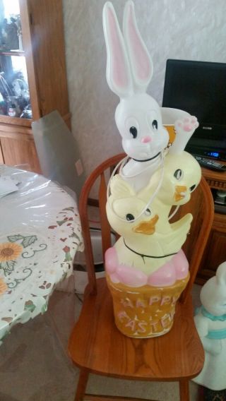 Large 40 " Stacked Happy Easter Basket Blow Mold Light W Rabbit,  Chicks,  Duck