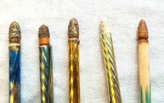 Five Wooden Christmas Tree Candles.  1940s.  Metal Sleeves,  Usa.  Subst.  For Real