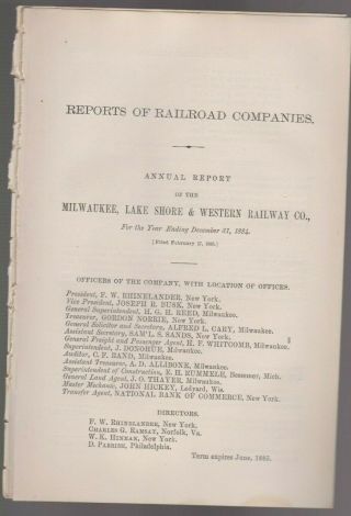 1884 Mi Report Milwaukee Lake Shore & Western Railway Manitowoc Bessemer Monico