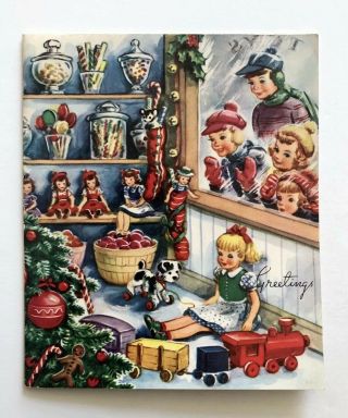 Vintage Christmas Card Shop Store Candy Gingerbread Toy Doll Child Boy Girl Dog
