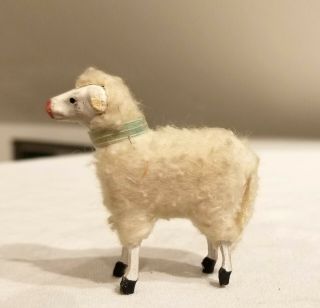 4th Miniature Wooly Sheep.  Wooden Legs,  Wool - Wrapped Body.  Blue Collar German