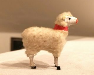 3rd Miniature Wooly Sheep.  Wooden Legs,  Wool - Wrapped Body.  Red Collar German