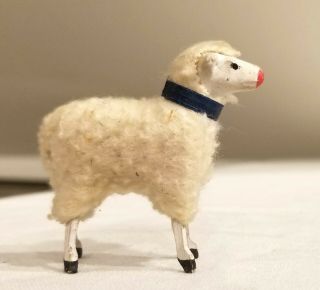 2nd Miniature Wooly Sheep.  Wooden Legs,  Wool - Wrapped Body.  Blue Collar German