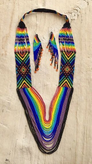 Mexican Huichol Art Long Necklace Native Beadwork Long Earrings