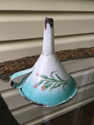 Rare Colored Turquoise W Flowers Antique French Enamelware Funnel 5”