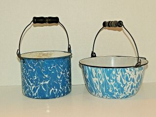 Antique Blue And White Swirl Enamelware Bowl & Pot W/ Wood Handles