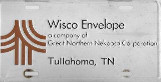 Vintage Wisco Envelope Tullahoma Tn License Plate Great Northern Nekoosa Corp