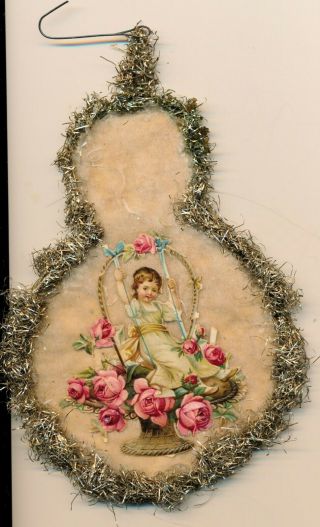 Antique Pear Shape Girl On Swing Christmas Tree Ornament,  Scrap,  Cotton,  Tinsel