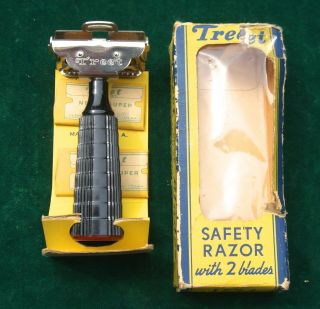 Vintage Treet Bakelite Fat Handle Safety Razor W/ Blades In Orig.  Box