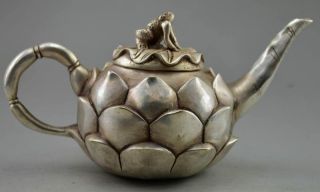 Collectible Decorated Old Handwork Miao Silver Carved Lotus Frog Tea Pot
