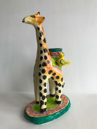 Vintage Mexican Folk Art Pottery Giraffe Candle Holder Birds
