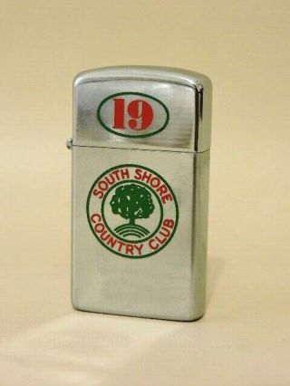 1964 Stainless Zippo Slim Lighter With South Shore Country Club Logo 19th Hole