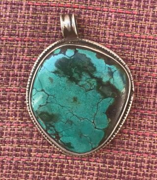 Large Oval Turquoise Pendant W/ Silver Zodiac Animal (snow Lion) For Dharma