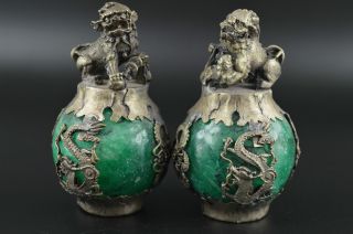 Rare Miao Silver Carve Kylin & Dragon Phoenix Inlay Green Jade Lucky Pair Statue