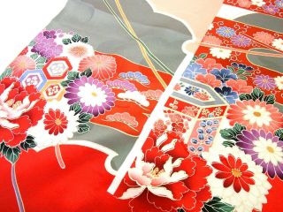 Japanese Kimono Fabric 38 " _silk,  Red,  Gold,  Takarabako,  Yukiwa,  Yuzen,  N883 - C