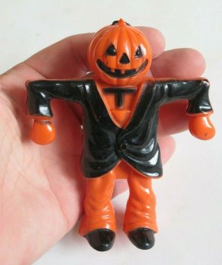 Vintage Halloween Hard Plastic Candy Container Rosbro Pumpkin Man Scarecrow R156