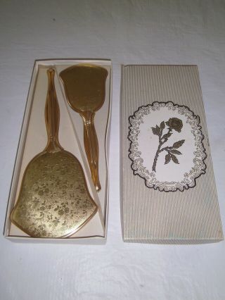Vintage Vanity Set Brush Mirror Comb Gold Floral Dresser