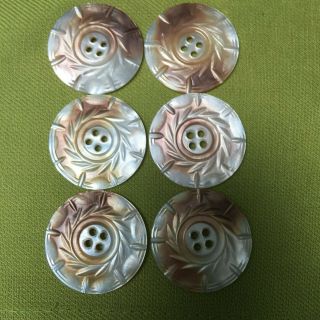 Vintage Mop Mother Of Pearl Shell Buttons 1 1/4 " Carved Luster Fancy